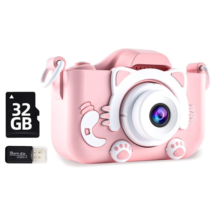 Детски фотоапарат Excitat, Розов, 32 GB SD карта 1080P HD, 23 милиона пиксела, 2,0 инча, 600 mAh, 3+ години
