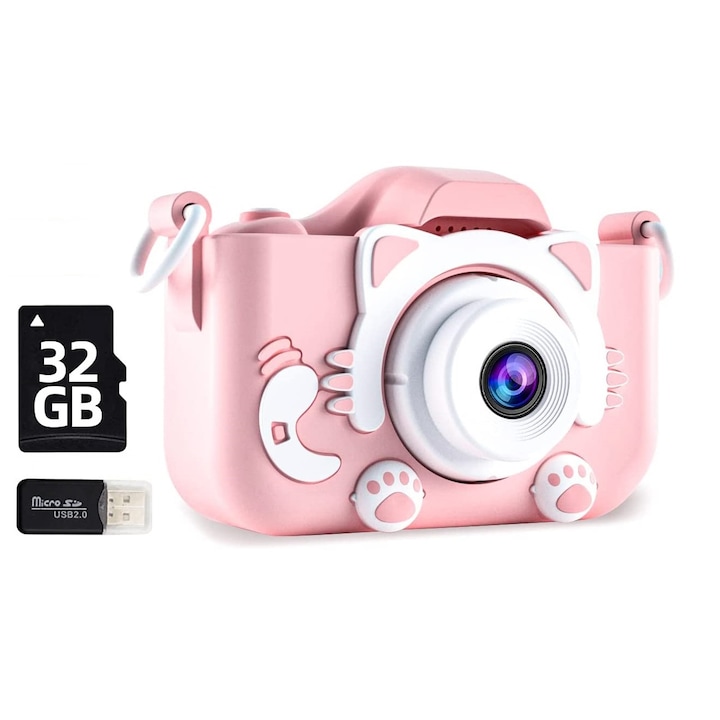 Excitat gyerek kamera, 32 GB-os SD-kártya 1080P HD, 23 millió pixel, 2,0 hüvelykes, 600 mAh, 3 éves kortól, rózsaszín