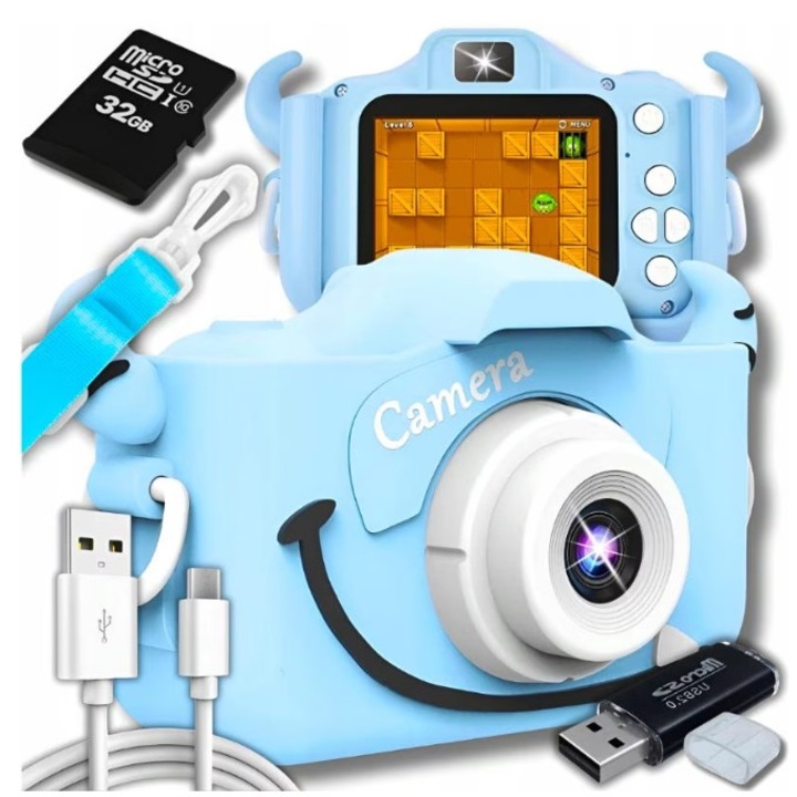 Детски фотоапарат Excitat, Син, 32GB SD карта 1080P HD, 23 милиона пиксела, 2,0 инча, 600mAh, 3+ години