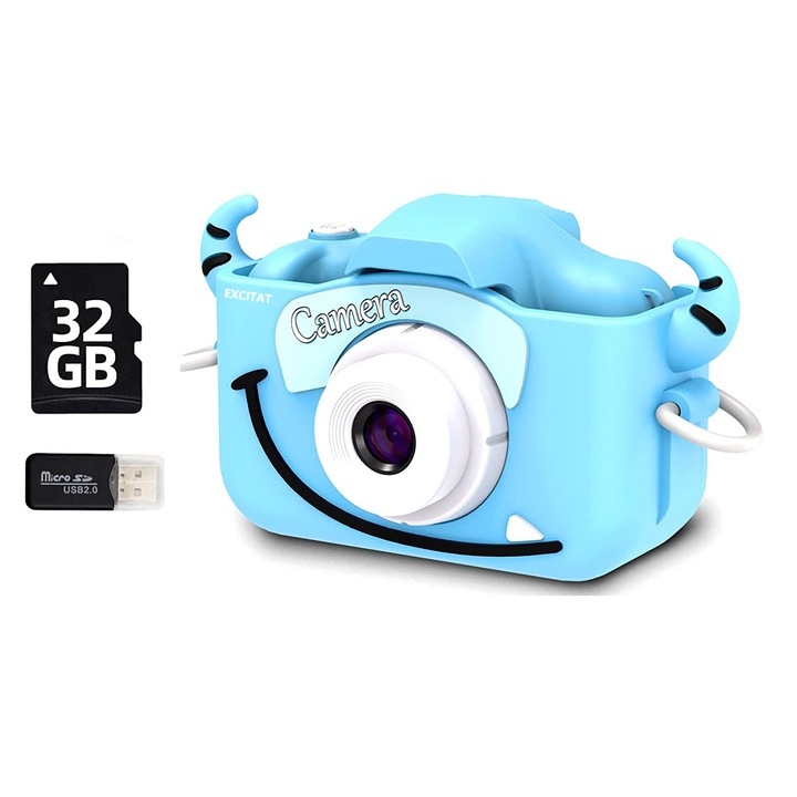 Camera foto copii, 32GB SD card 1080P HD, 23 milioane pixeli, 2.0 inch, 600 mAh, Excitat, 3 ani+, Albastru
