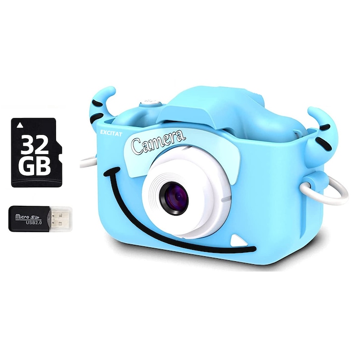 Детски фотоапарат Excitat, Син, 32GB SD карта 1080P HD, 23 милиона пиксела, 2,0 инча, 600mAh, 3+ години