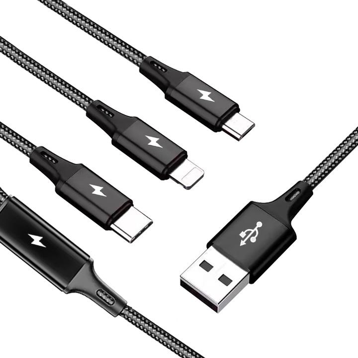 Cablu incarcare 3n1, LPAILON, USB-C/USB/Lightning/MicroUSB, 1.2m, Negru