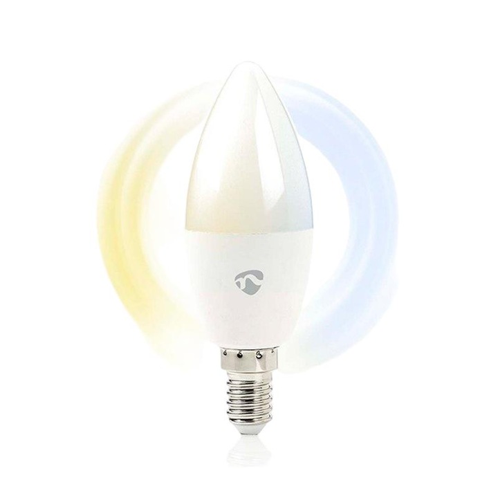 Smart LED крушка, Nedis, Пластмаса, Wi-Fi, E14, 4.9 W, 470 lm, Студено бяло/Топло бяло