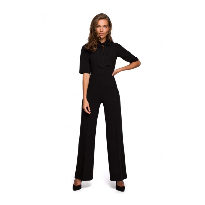 Salopeta eleganta Style, Cu cravata, Viscoza, Negru