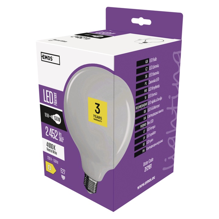 EMOS LED крушка с нажежаема жичка G125 18W 2452lm естествено бяла ZF2181