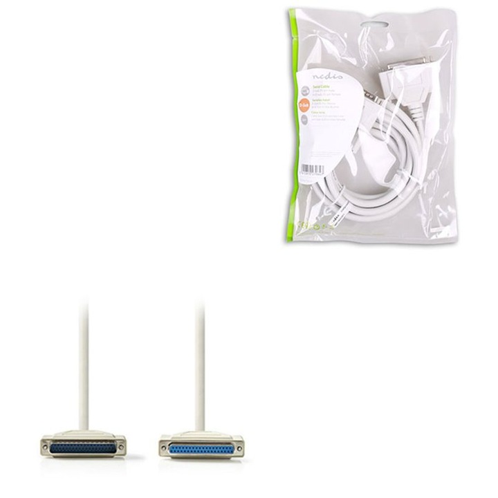 Cablu RS232 D-Sub 25 pini tata/D-Sub 25 pini mama, Nedis, 2 m, Alb