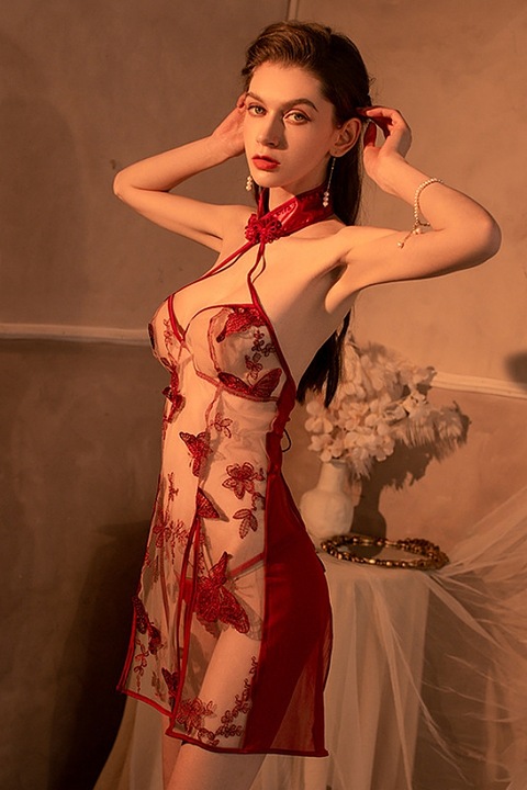 Erotikus fehérnemű szett, átlátszó kombiné és tangabugyi, YCFS-417, piros, S/M INTL