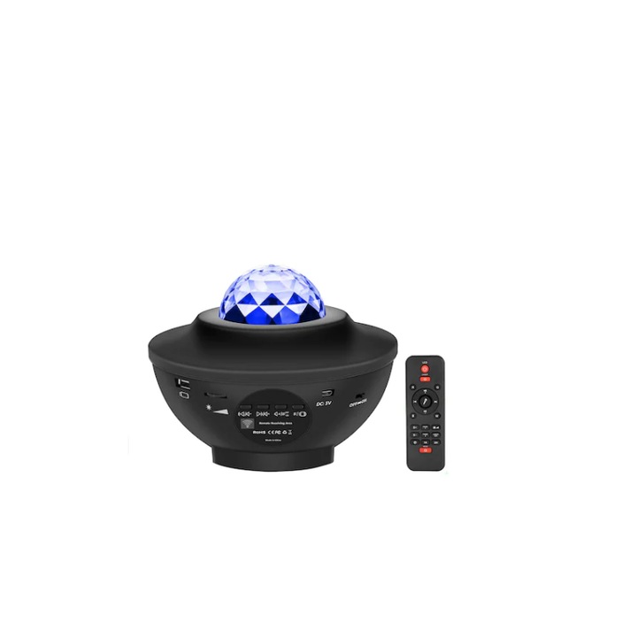 Lampa proiector cu boxa si telecomanda, control vocal si control prin aplicatie, 10 culori, USB, bluetooth, led rgb, auto off timer, negru