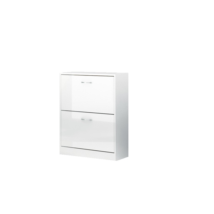 Pantofar cu 2 usi rabatabile, alb/alb lucios, cu suporturi duble pentru incaltaminte, 70x83x23 cm, Bortis Impex
