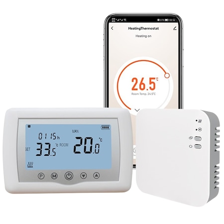 Termostat de ambient inteligent EvoSmart™ WT-08, WI-FI, Controlat Prin Internet/Smartphone, Compatibil Cu Orice Centrala Termica Pe Gas si Electrica/Pe Curent, RF Wireless, Pentru Controlul Temperaturii Ambientale, Alb