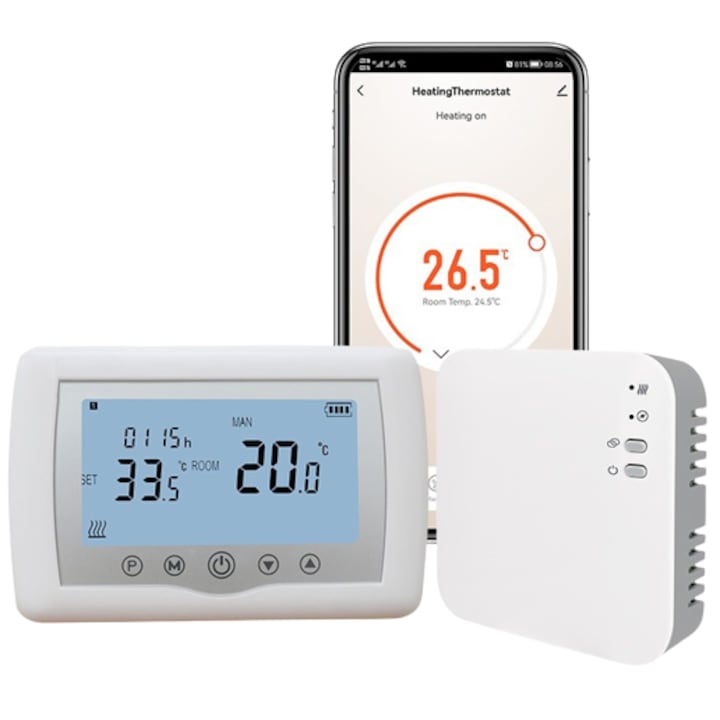 Termostat de ambient inteligent EvoSmart™ WT-08, WI-FI, Controlat Prin Internet/Smartphone, Compatibil Cu Orice Centrala Termica Pe Gas si Electrica/Pe Curent, RF Wireless, Pentru Controlul Temperaturii Ambientale, Alb