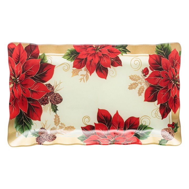 Platou de Craciun din Sticla Ecru Craciunite Vasc 25x15cm