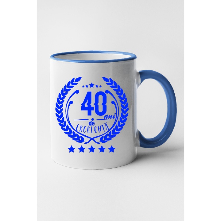 Cana personalizata cu interior albastru, "40 ani de excelenta", 330 ml