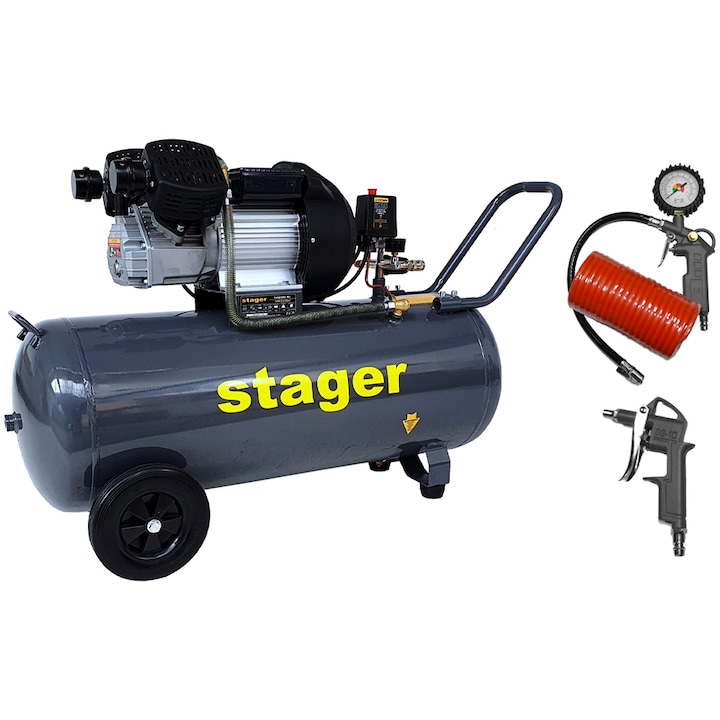 Compresor aer Stager HM3100V, 100L, 8bar, 356L/min, monofazat, angrenare directa, kit 3 accesorii