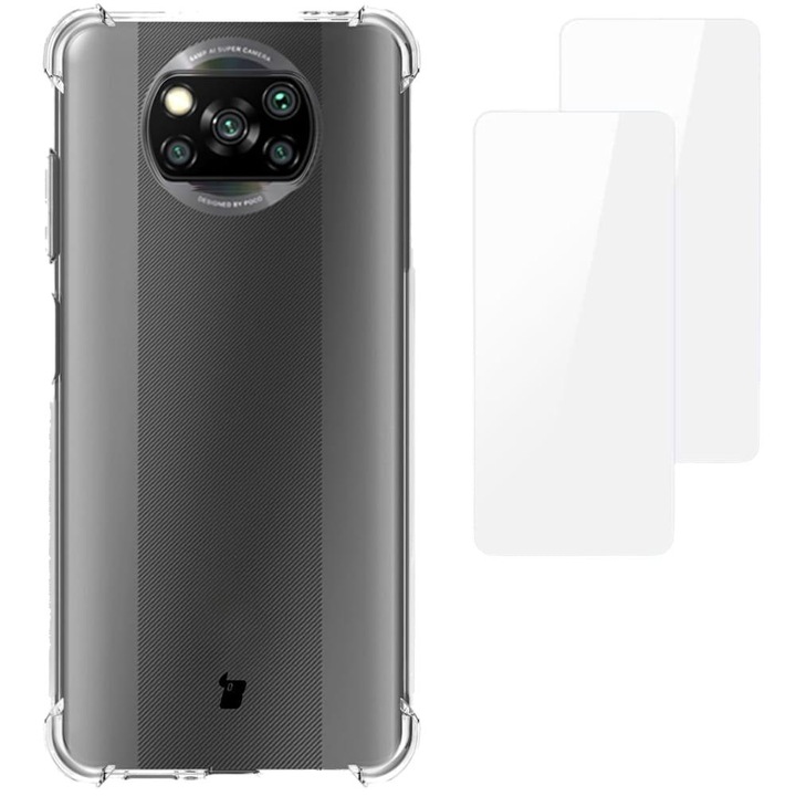 Комплект калъф и 2 защитни фолиа за телефон, Bizon, За Xiaomi Poco X3 / NFC / Pro, Transparent