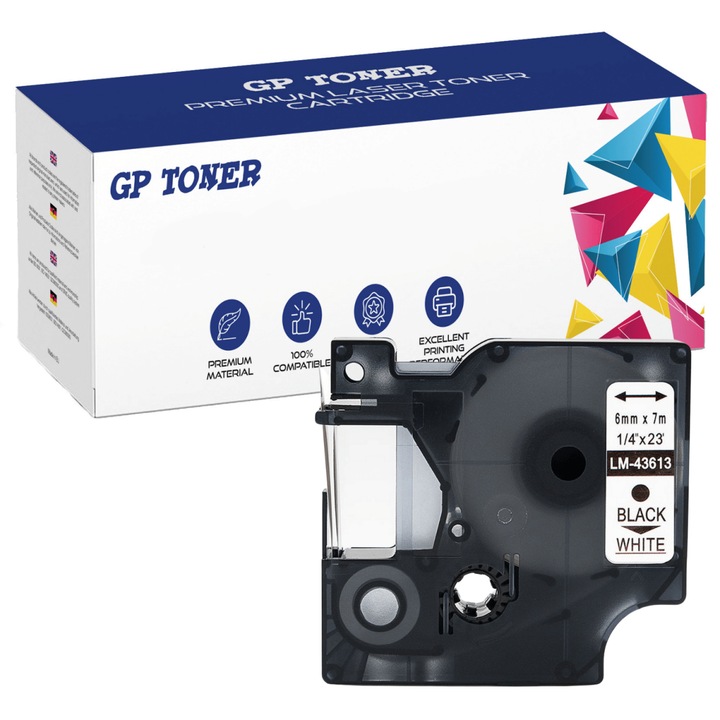 Szalag DYMO D1 43613 7m 6mm fehér fekete csere GP-DY43613