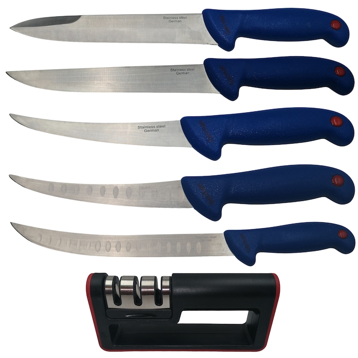 Set de macelarie IdeallStore®, injunghiat, filetat, cutitul bucatarului si ascutitoare, otel inoxidabl. 38 cm