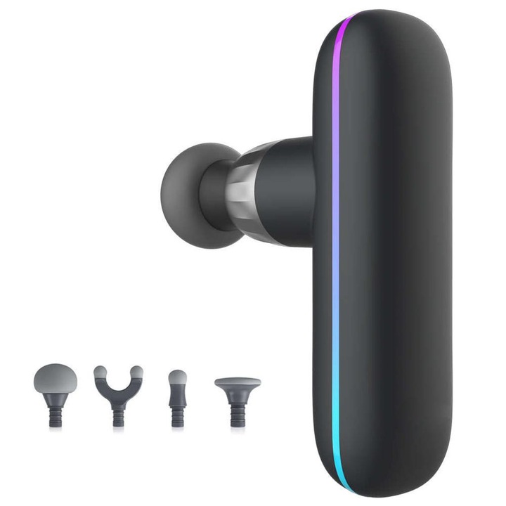 Професионален масажен апарат, модел пистолет, за възстановяване и тонизиране на мускулите, против целулит, за мускулни зони, с 4 глави, с вградена батерия, черен