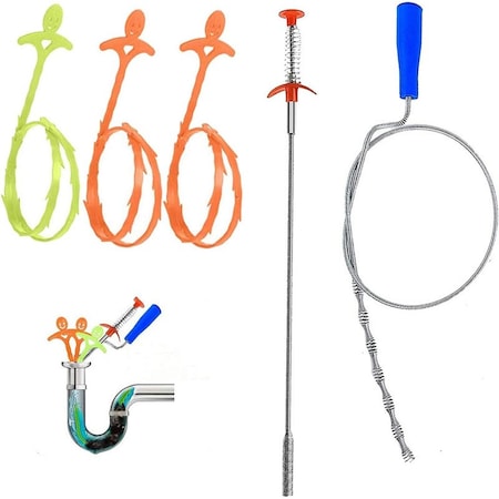 Set curatare canalizare, 5 bucati, pentru canalizare, toaleta, chiuveta de bucatarie, cada de baie, Inox, Multicolor, KINGTRONG®