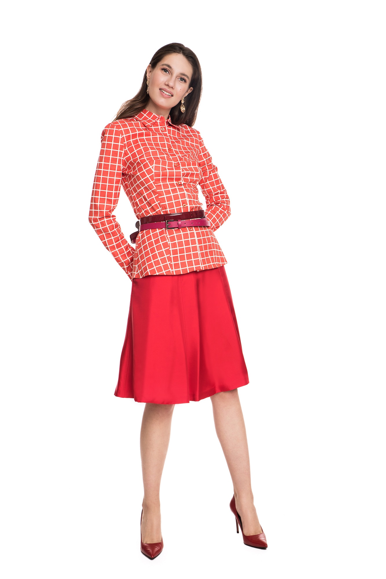 Camasa rosie din bumbac in patratele, Prada, XS