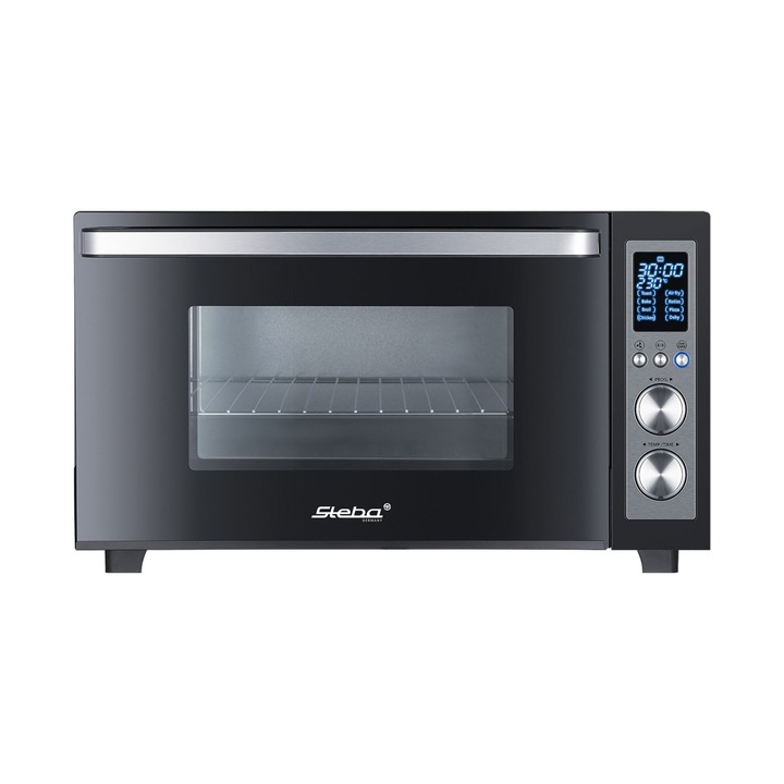 Cuptor electric cu convectie Steba Germany, Grill and Bake, KBE300, capacitate 30 l, 1500 W, functii de convectie, coacere, prajire cu aer cald, si deshidratare, rotisor, interior antiaderent, cronometru, temperatura reglabila, display LED, negru