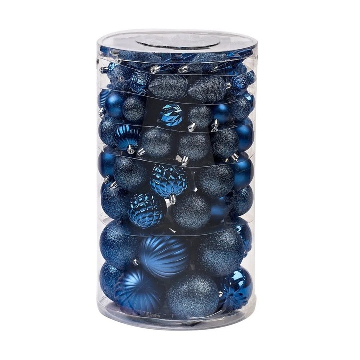 Set de globuri din plastic pentru Craciun, 82 bucati, albastru