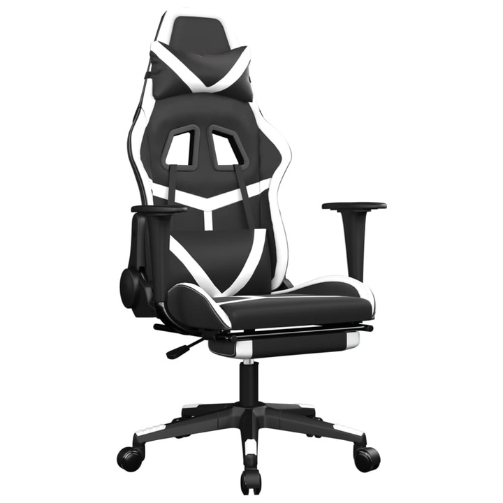 Scaun de gaming masaj suport picioare vidaXL, alb negru, 67 x 64 x 116-127 cm, piele eco