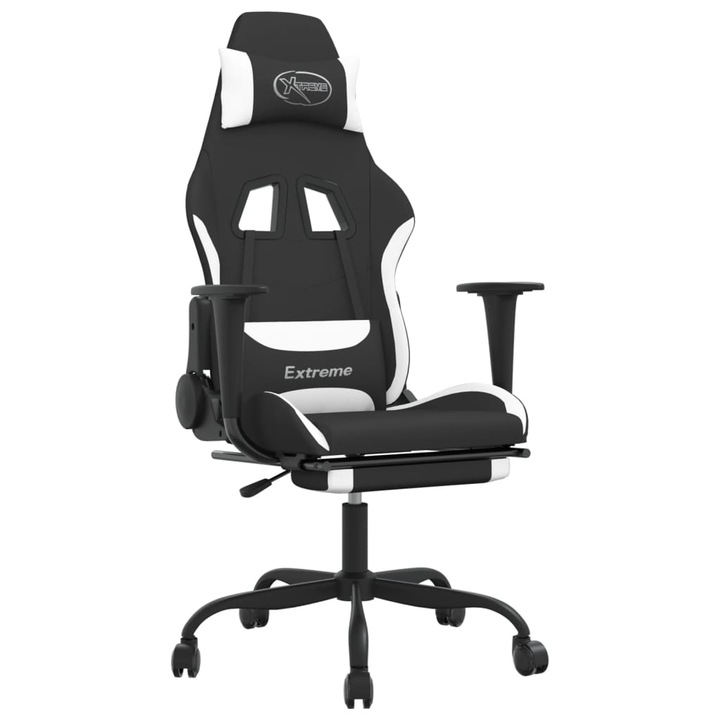 Scaun de gaming cu masaj/suport picioare vidaXL, negru si alb, textil, 14.9 kg