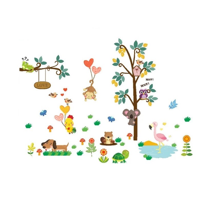 Sticker Decorativ pentru Decorare Camera Copii, Autocolant cu Autoadeziv, Animale Vesele in Padure, 103 x 74 cm, Original Deals