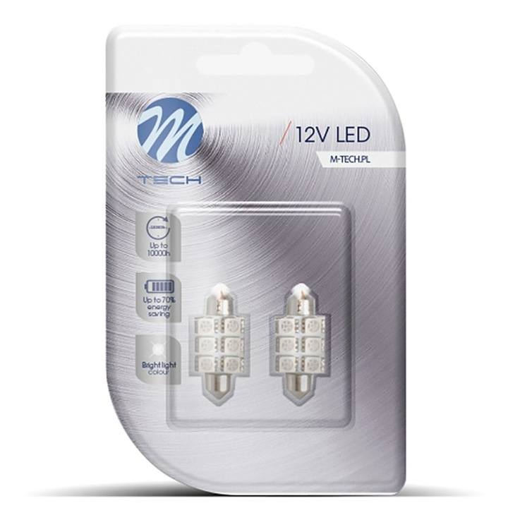 Set 2 becuri plafon auto, M-Tech, 12 V, 1.44W, LED