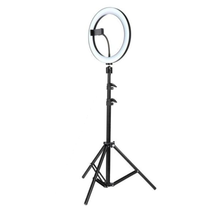 Körkörös lámpagyűrű, fényátmérő 26 cm/10 hüvelyk, LED, állvány 210 cm, 3 fénymód, fehér