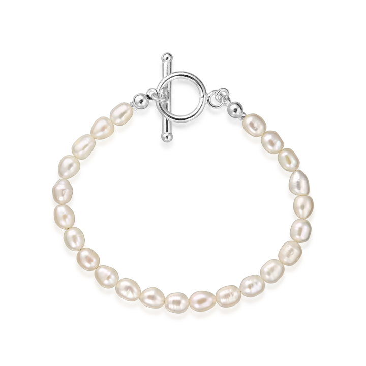 Bratara argint 925 cu perle naturale 6.5mm, inchizatoare toggle, Alb | Auriu, 17 CM