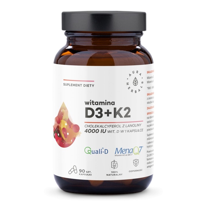 Хранителна добавка, Aura Herbals, D3/K2, 90 бр