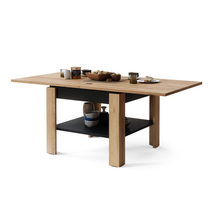 Masa de cafea, Mazzoni, LEO, Stejar Auriu / Negru Mat, 65 cm x 65 cm