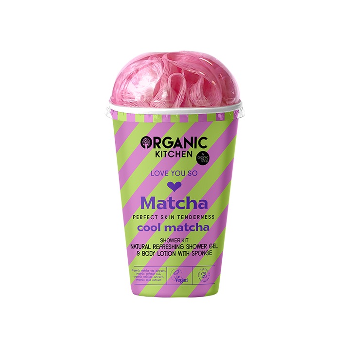 Set de baie, Organic Kitchen, Cool Matcha, Gel dus + lotiune de corp + burete, 100 ml, Roz