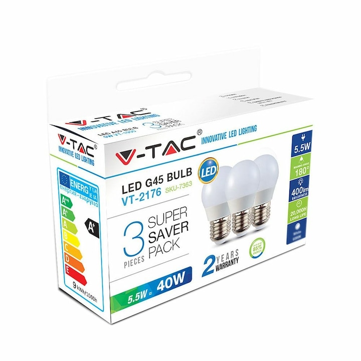 V-TAC 5.5W E27 természetes fehér LED égő csomag (3 db) - SKU 7363
