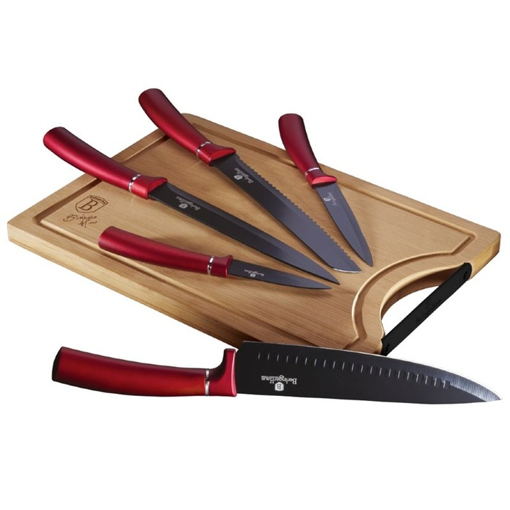 Set 5 cutite, Berlinger Haus, Tocator bambus, Otel inoxidabil, Argintiu/Rosu