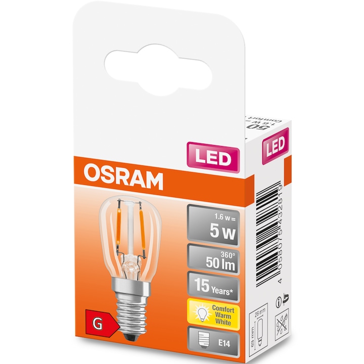 Bec LED filament pentru frigider Osram T26, E14, 1.6W, 50 lm, lumina calda (2400K), 230V, clasa energetica G