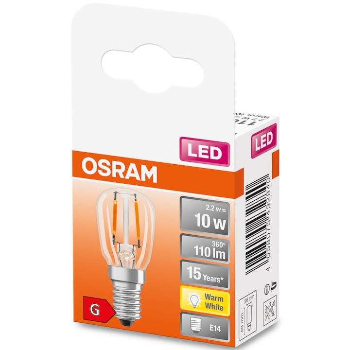 Bec LED filament pentru frigider Osram T26, E14, 2.2W, 110 lm, lumina calda (2700K), 230V, clasa energetica G