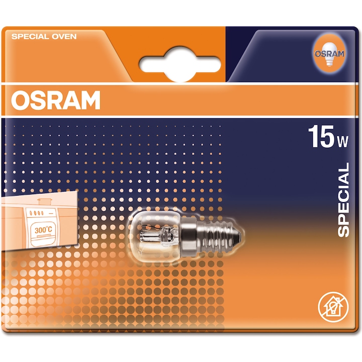 Bec pentru cuptor Osram Mini Shape, E14, 15W, 85 lm, glob clar, pana la 300 °C, incandescent, 230V, clasa energetica G
