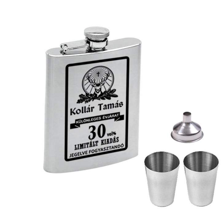 Plosca metalica, Praktikusajandekok, 3 accesorii, 170 ml, Inox, Argintiu/Negru