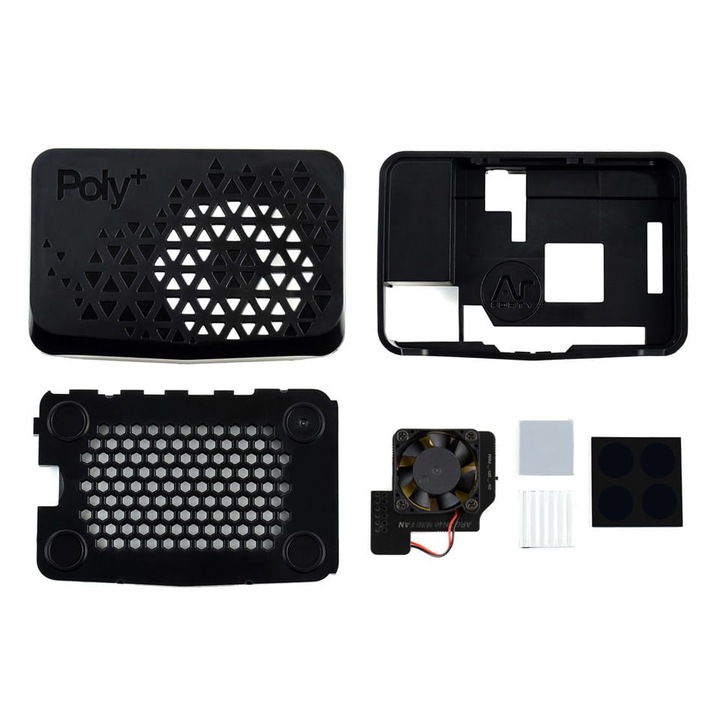 Калъф с Poly+ вентилатор Waveshare, Съвместим с Raspberry Pi 4, Черен