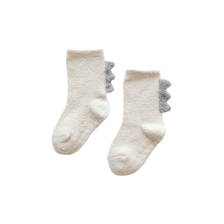 Детски чорапи, топли, нехлъзгащи се, модел динозавър, EFAYN, Бял