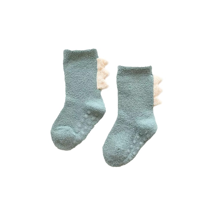 Детски чорапи, топли, нехлъзгащи се, модел динозавър, EFAYN, Зелен