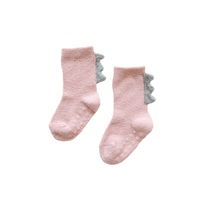 Детски чорапи, топли, нехлъзгащи се, модел динозавър, EFAYN, Розово