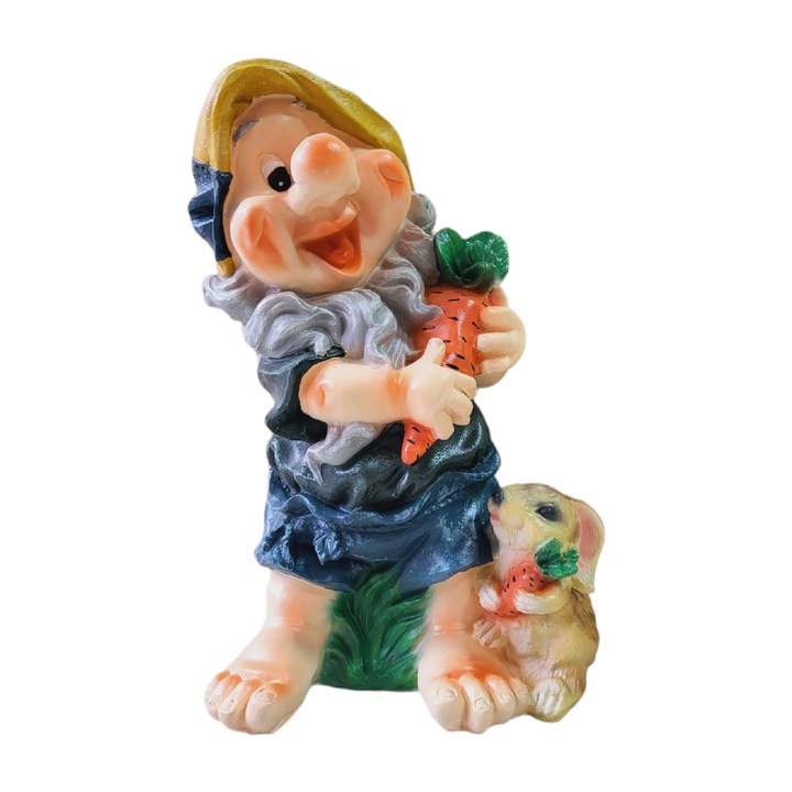 Figurina de gradina Piticul cu morcov, polystone, pictata manual, inaltime 48 cm