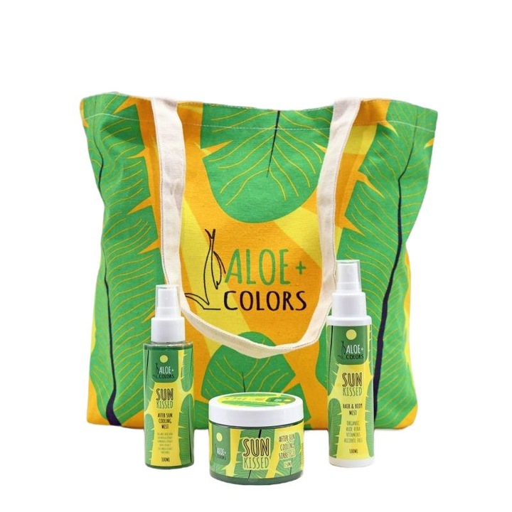 Set Gel racoritor Sorbet/Spray dupa plaja/Parfum pentru par si corp/Geanta plaja, Aloe+Colors, Sun Kissed, 150/100/100 ml
