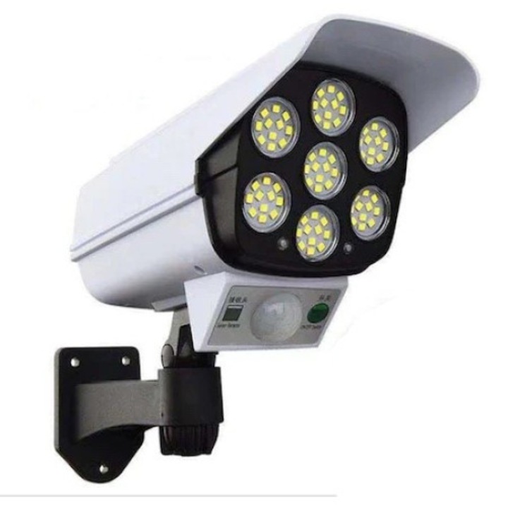 Térfigyelő kamera típusú napelemes lámpa, ABS, LED, Távirányító, Fehér