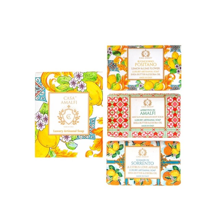 Комплект занаятчийски сапун Casa Amalfi, Lemon Maiolica, 3 сапуна с аромати на лимон и лайм, мента и нар, цитрусови плодове, веган, масло от жожоба, масло от шеа, нежно почиства кожата, овлажнява