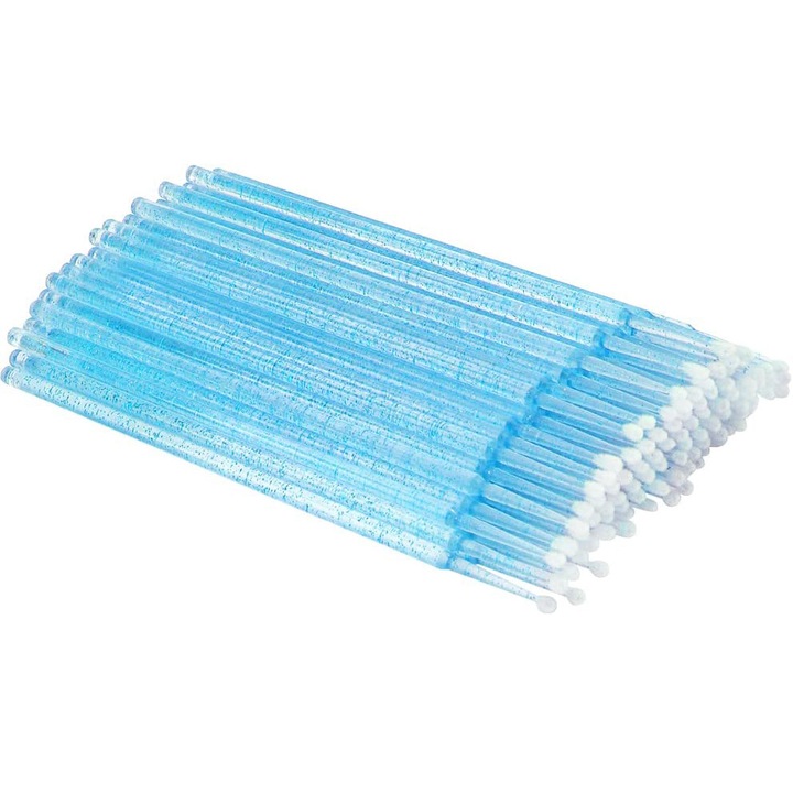 Комплект 100 микро четки, микроапликатори за удължаване на мигли, син блясък